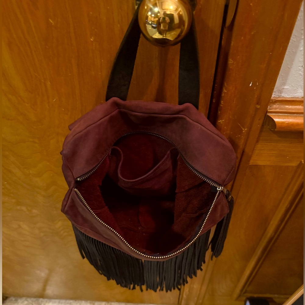 Birdtrouble 100% leather Mini Melissa purple&black pebbled bison fringe backpack - Picture 6 of 12
